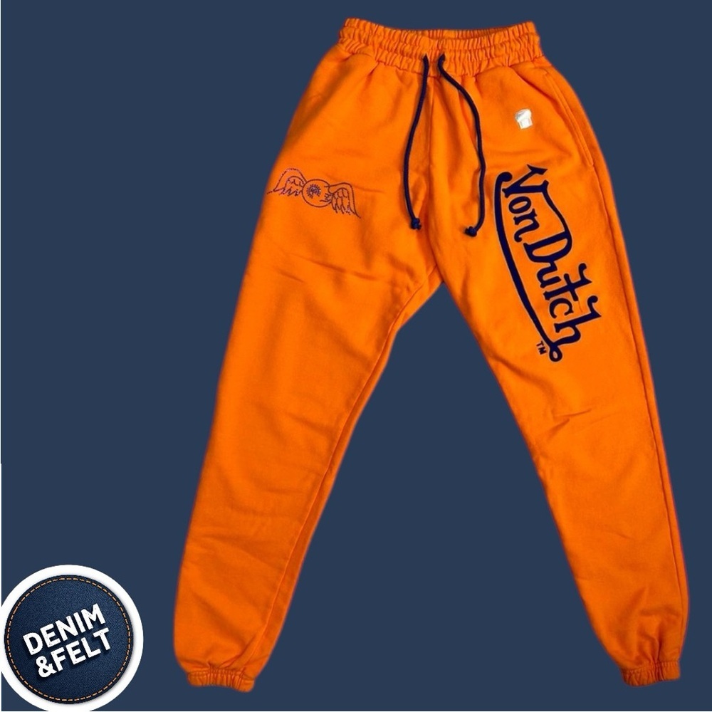 NEW Von Dutch Unisex Orange/Navy Blue Embroidered Logo Jogger Sweatpants Lounge - Picture 2 of 8
